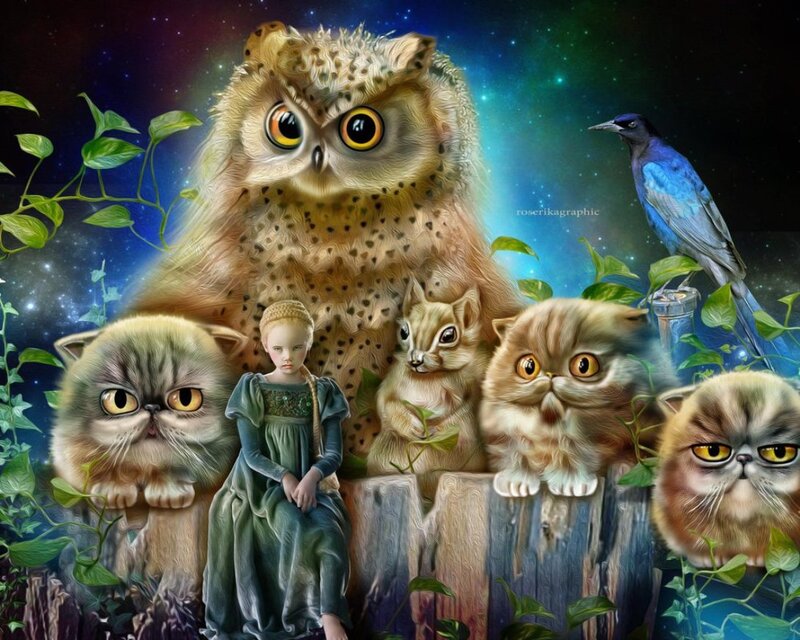 Girl with Animals — Blue, Fantastical