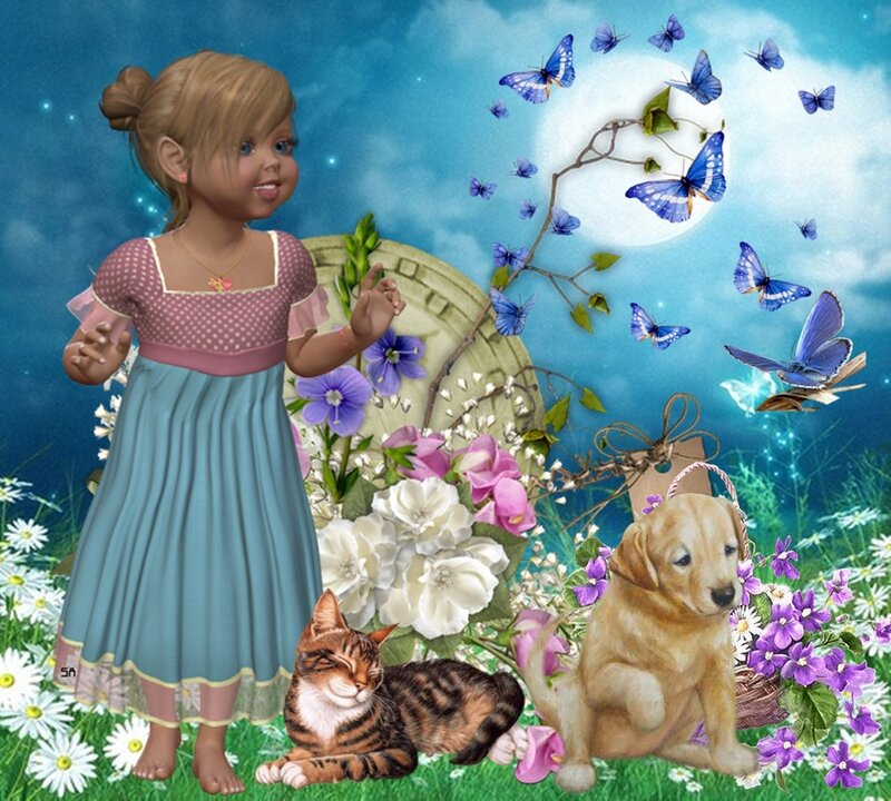 Girl with Animals — Blue