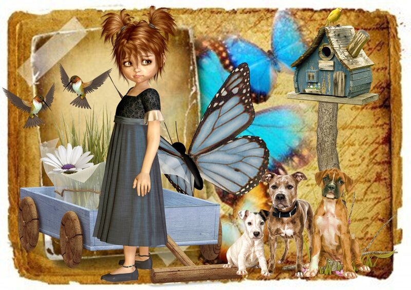 Girl with Animals — Blue, Whimsical