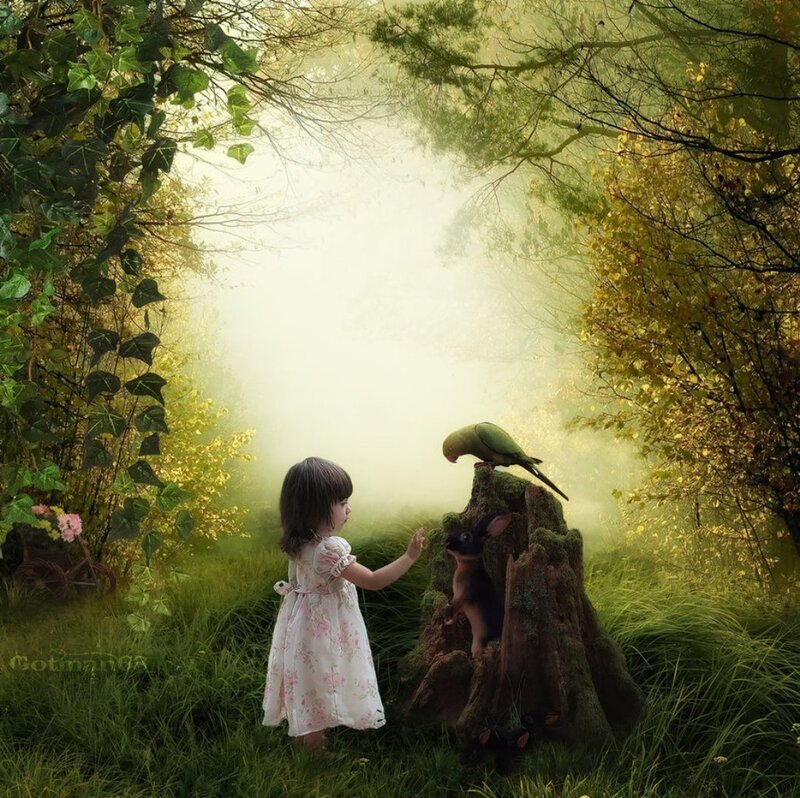 Girl with Animals in Forest — Green, Serene, Morning