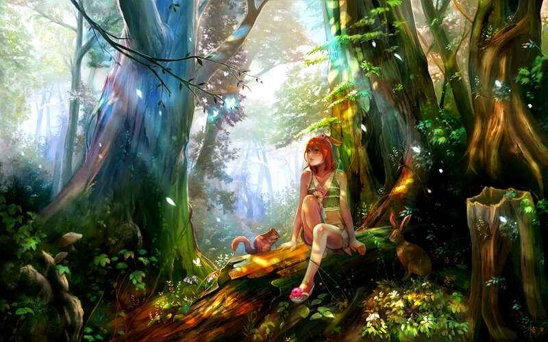 Girl with Animals in Forest — Green, Serene