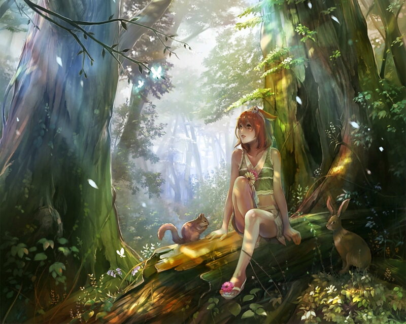 Girl with Animals in Forest — Green