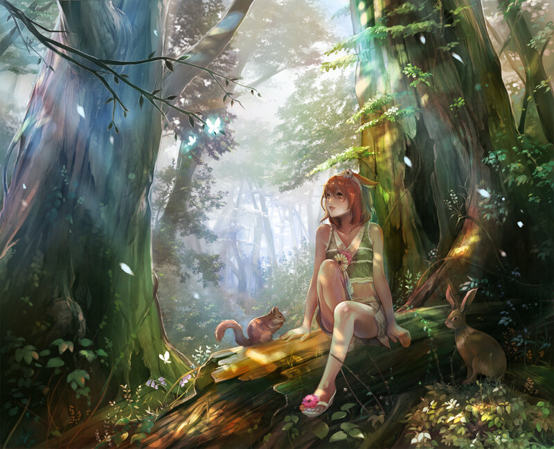 Girl with Animals in Forest
