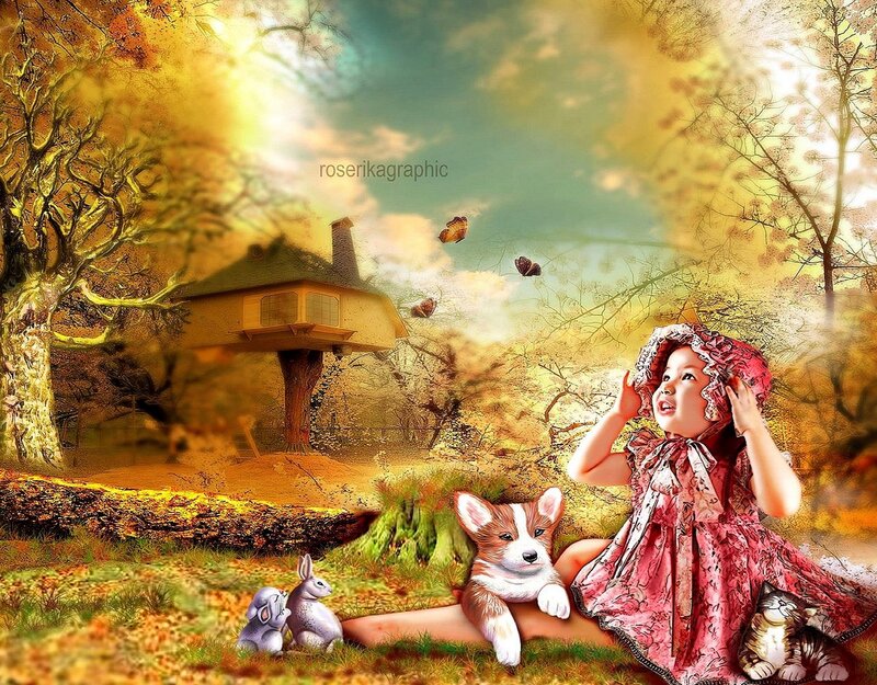 Girl with Animals in Forest — Yellow