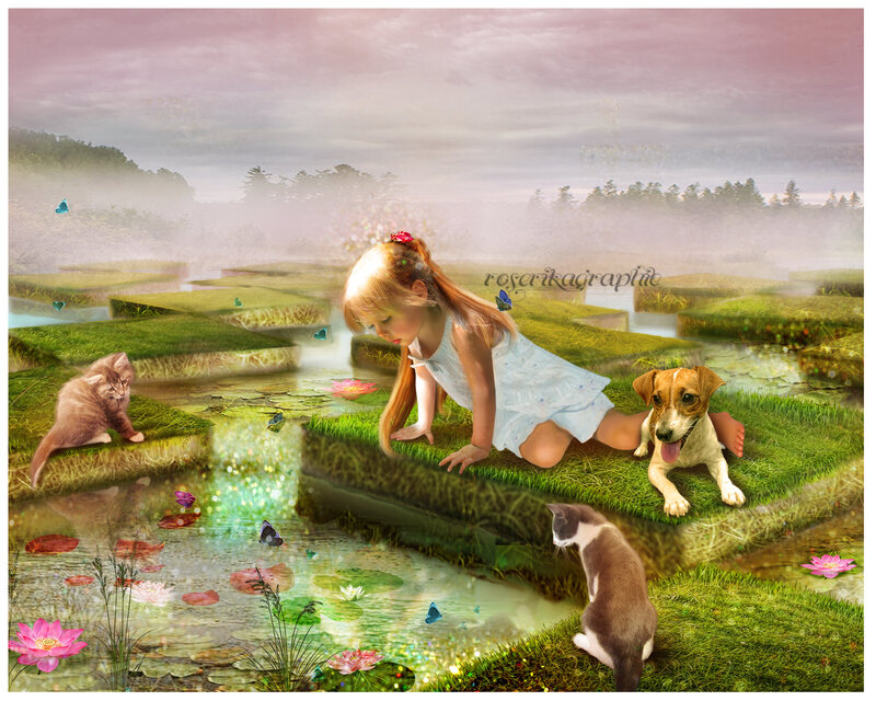 Girl with Animals in Pond
