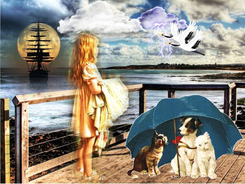Girl with Animals on Pier — Blue