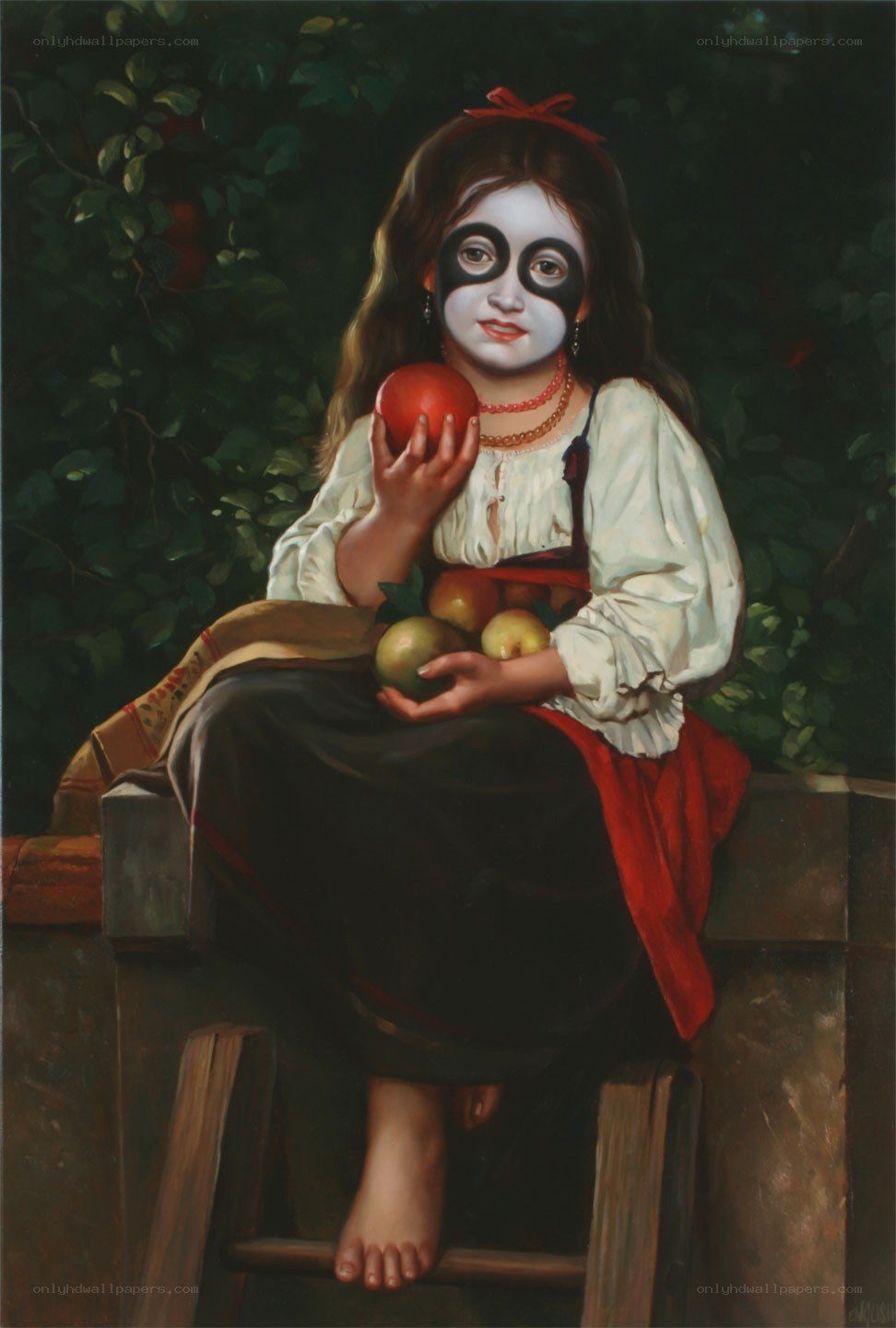 Girl with apples and mask