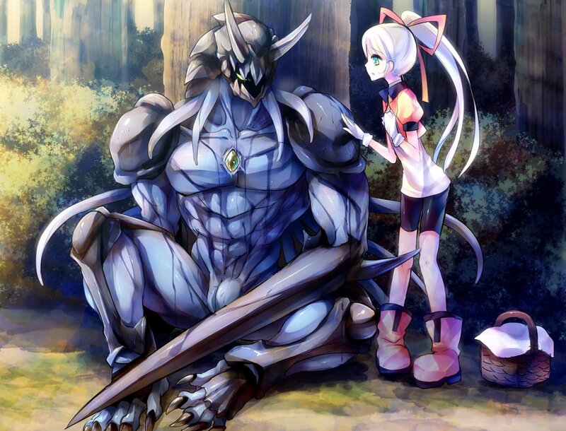 Girl with armored monster in forest