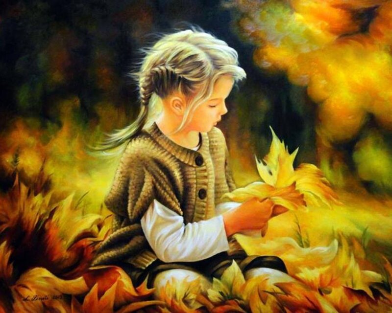 Girl with Autumn Leaves — Yellow