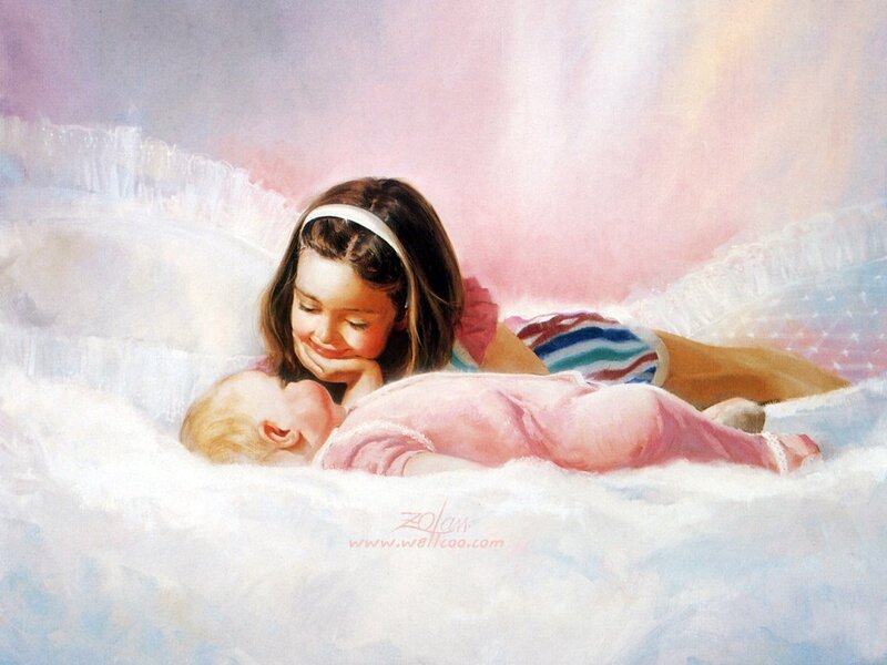 Girl with Baby on Cloud