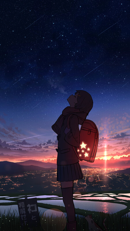 Girl with Backpack — Blue, Serene, Night
