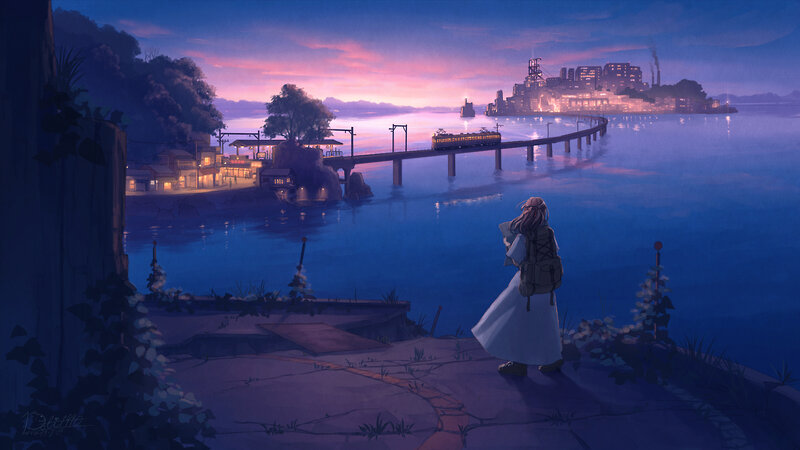 Girl with Backpack — Blue, Serene, Sunset