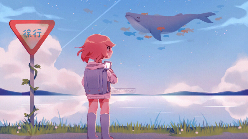 Girl with Backpack — Blue, Serene