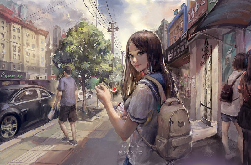Girl with Backpack on Street