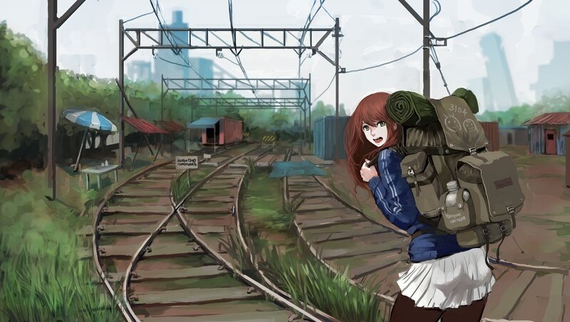 Girl with Backpack on Train Tracks
