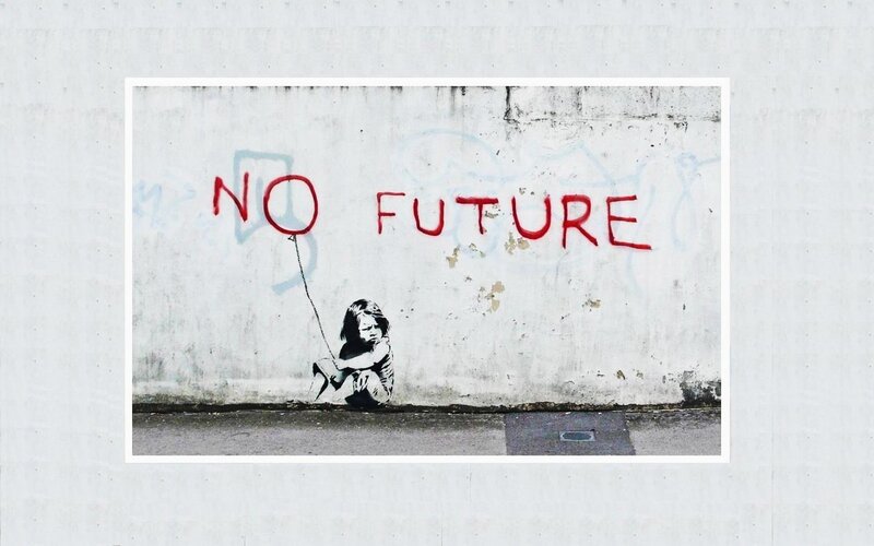 Girl with balloon and 'NO FUTURE' graffiti