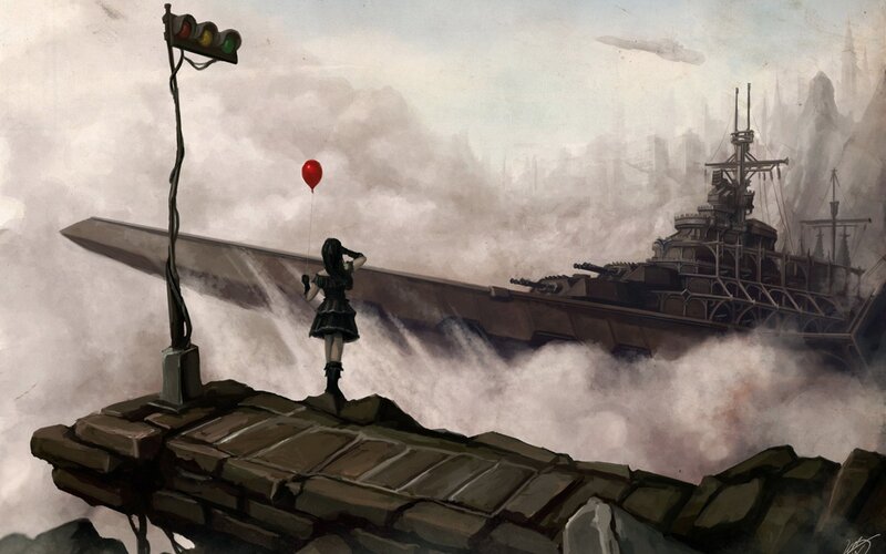 Girl with balloon on ruined bridge