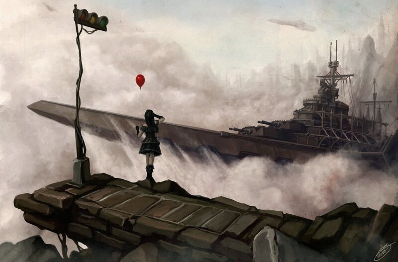 Girl with balloon on ruined bridge