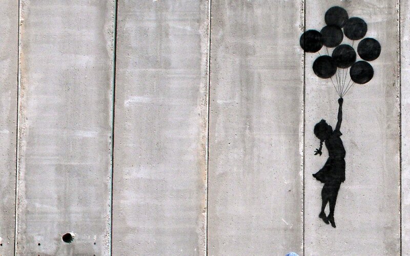 Girl with Balloons — Black, Melancholic, Illustration, Concrete Wall