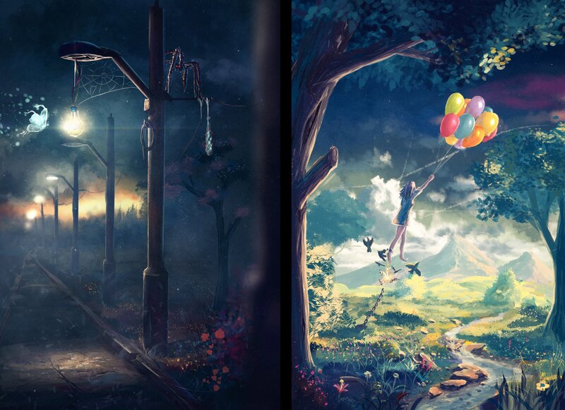 Girl with Balloons — Blue, Dreamy, Night
