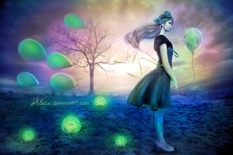 Girl with Balloons — Blue, Dreamy