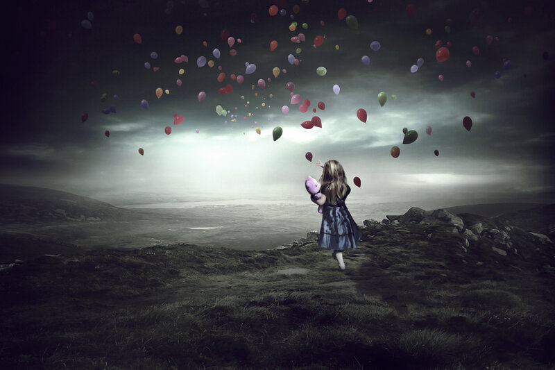 Girl with Balloons — Gray