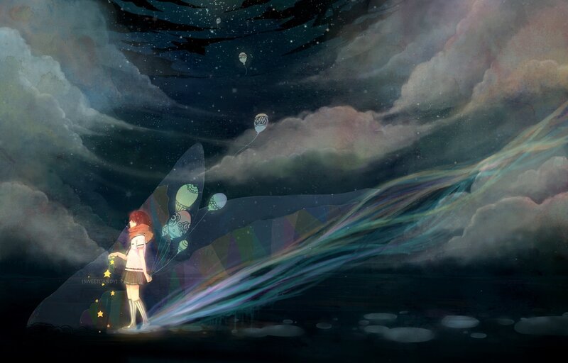 Girl with balloons in night sky