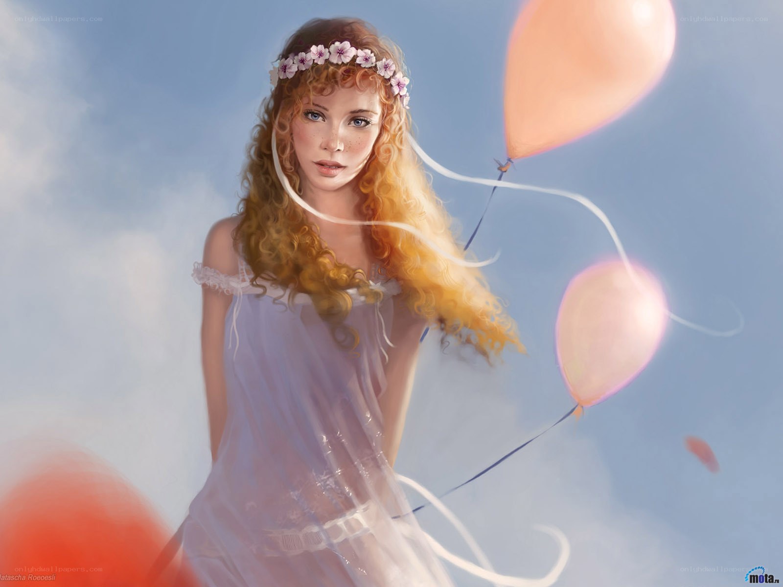 Girl with balloons in sky