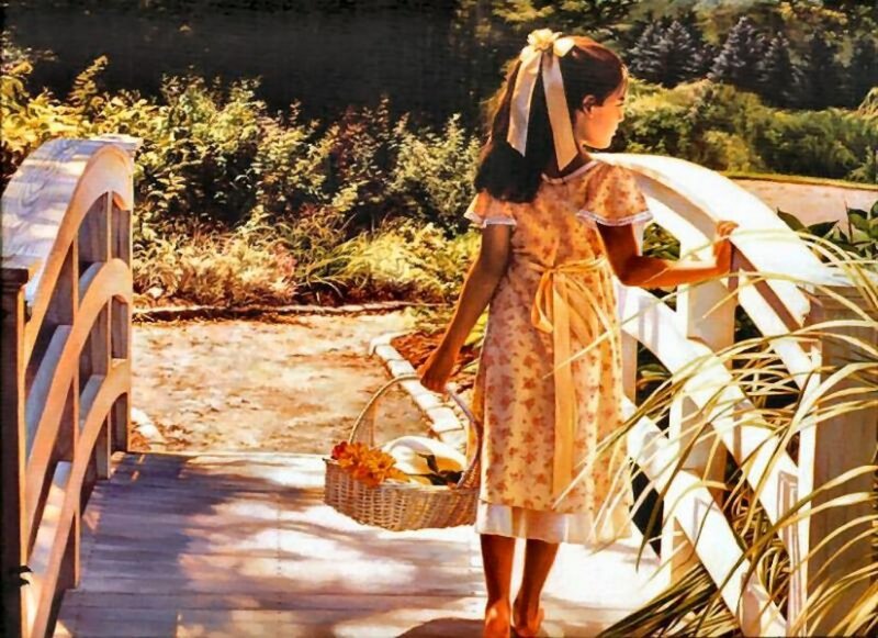 Girl with Basket on Bridge