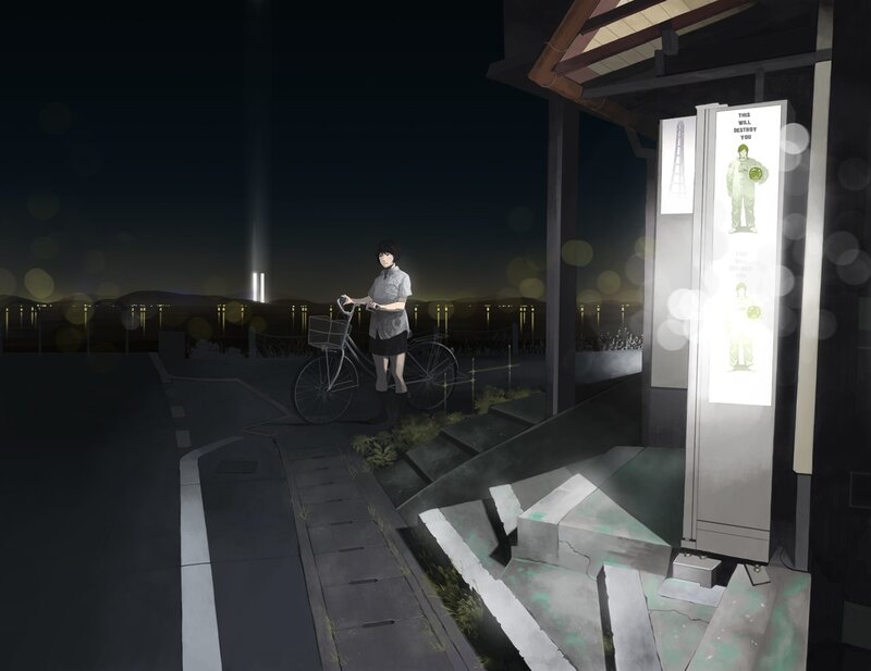 Girl with bicycle at night