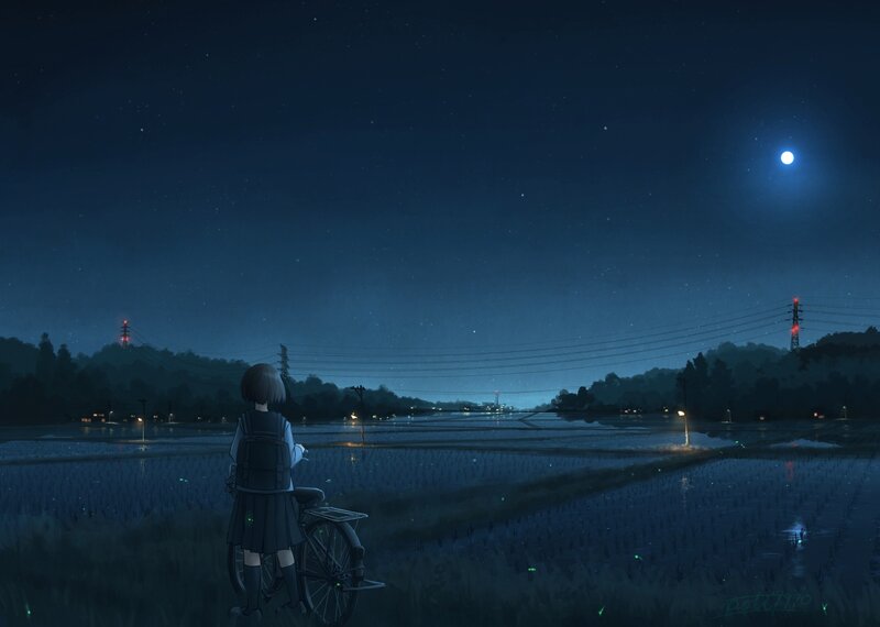 Girl with Bicycle at Night — Blue