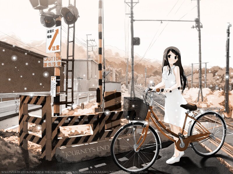 Girl with bicycle at train crossing