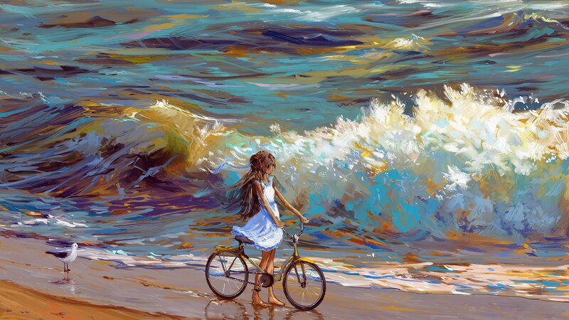 Girl with Bicycle on Beach
