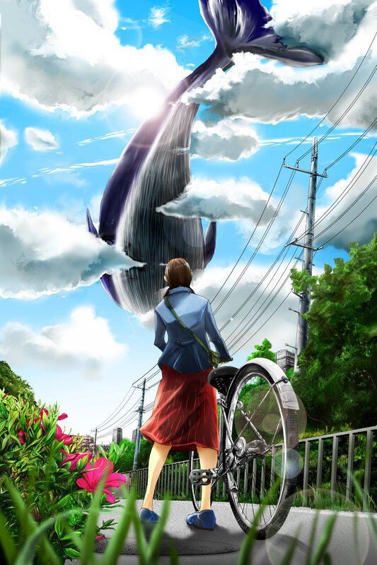 Girl with bicycle sees whale in sky