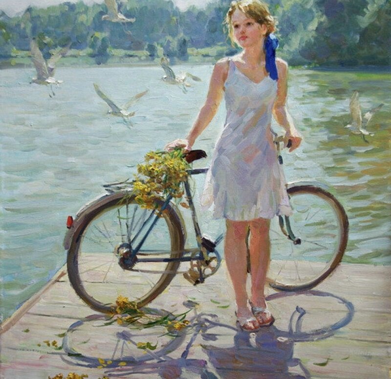 Girl with Bicycle — White