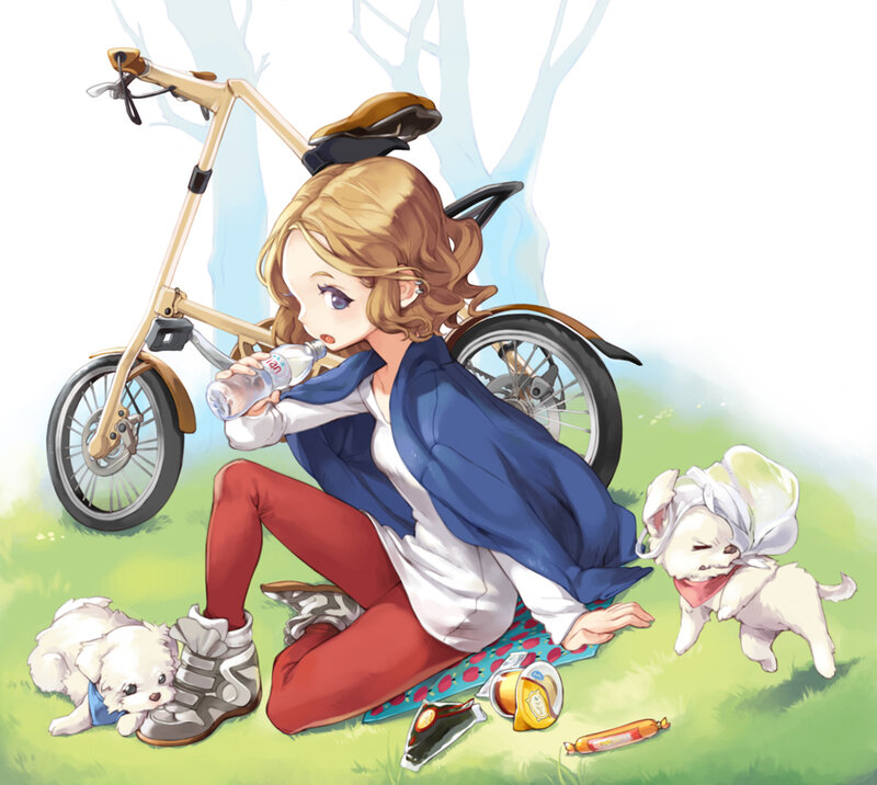 Girl with Bicycles and Dogs