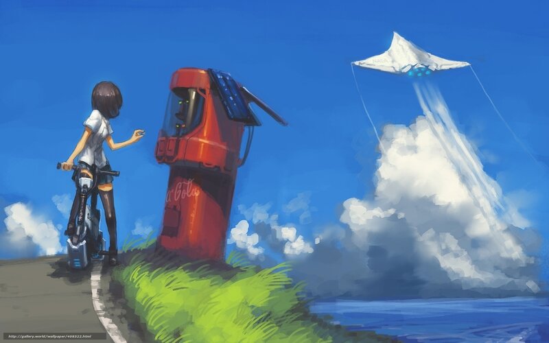 Girl with bike near Coca-Cola robot