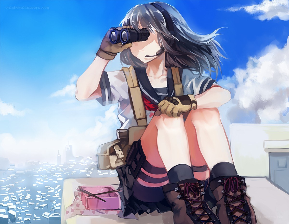 Girl with binoculars on rooftop