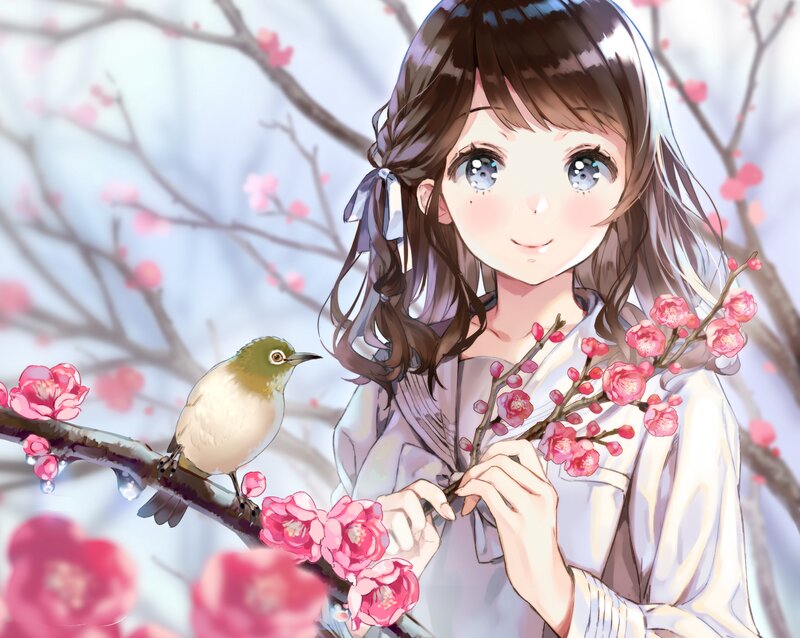 Girl with Bird and Blossoms