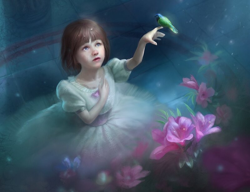 Girl with Bird and Flowers — Blue