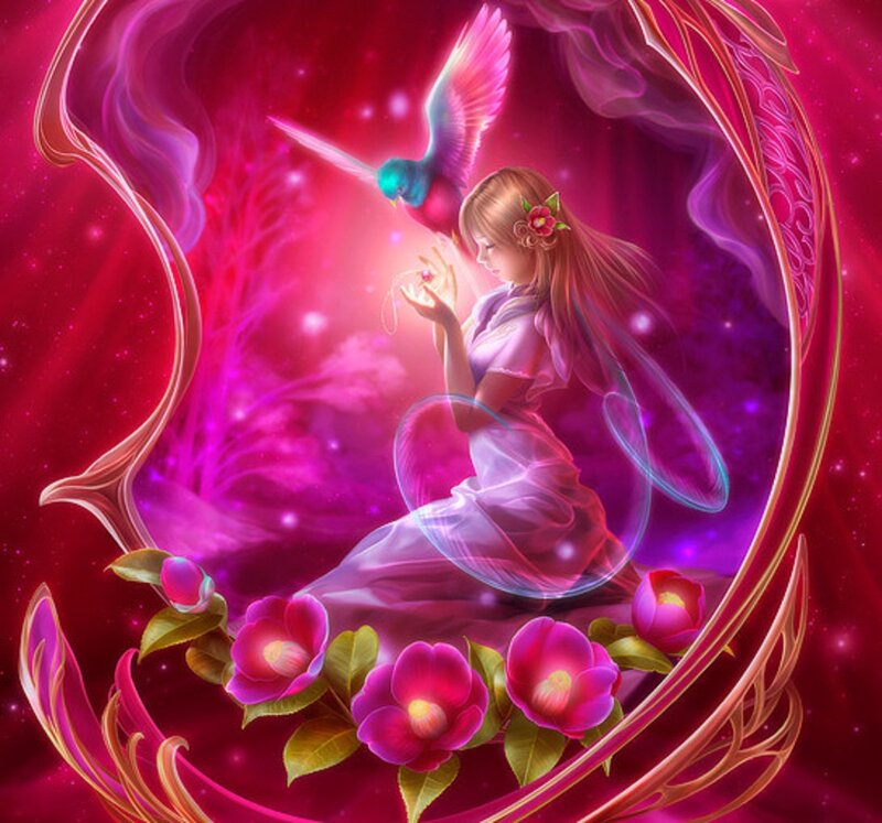 Girl with Bird and Flowers — Pink
