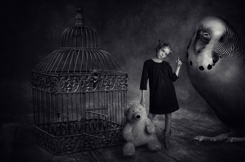 Girl with Bird and Teddy Bear