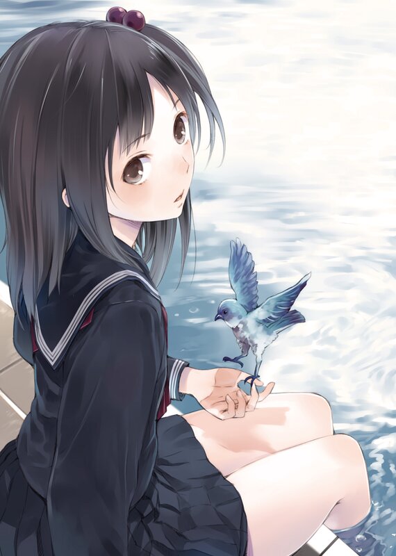 girl with bird by water