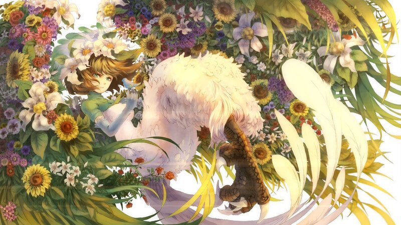 Girl with Bird in Flowers