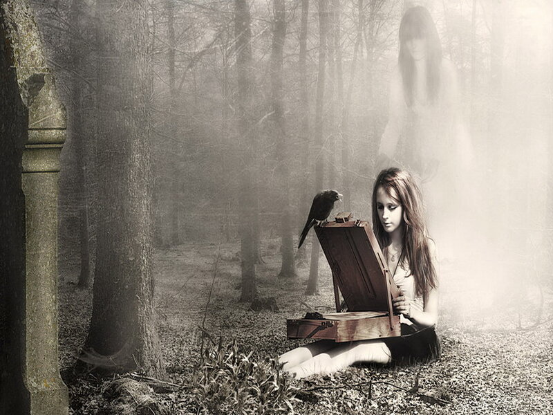 Girl with Bird in Forest — Black