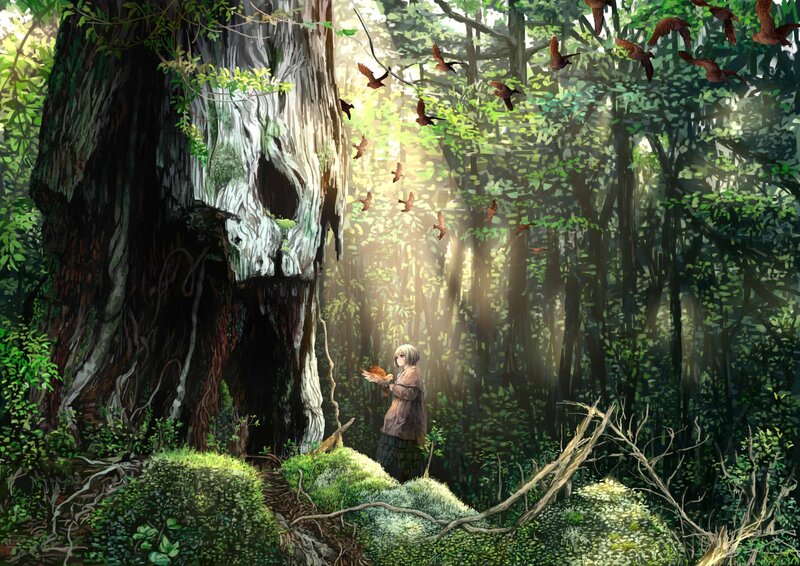 Girl with Bird in Forest — Green, Serene