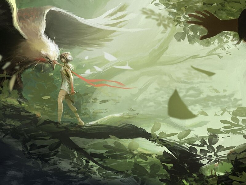Girl with Bird in Forest — Green