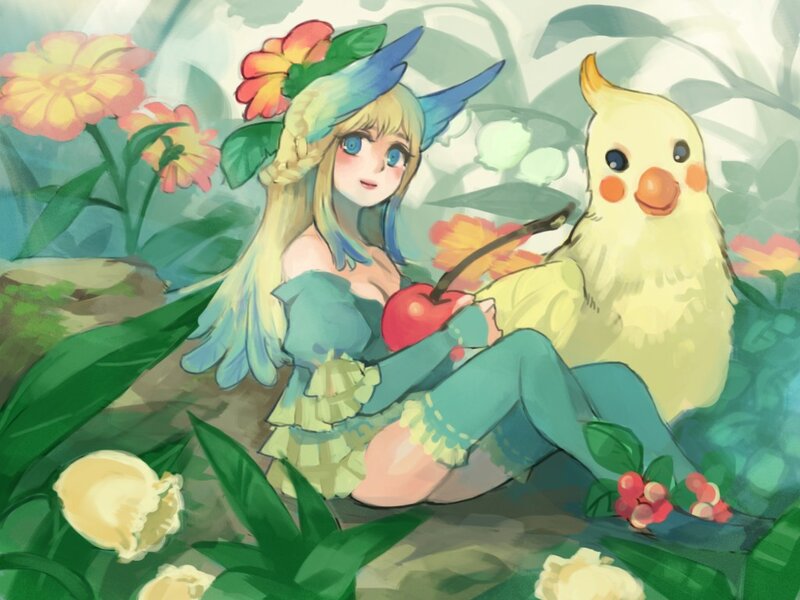 girl with bird in garden