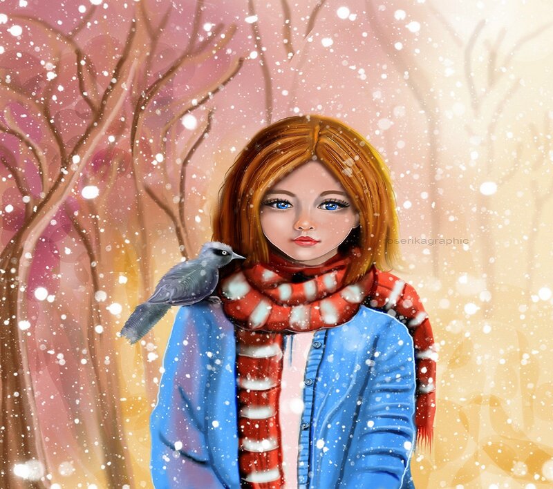 Girl with Bird in Snow