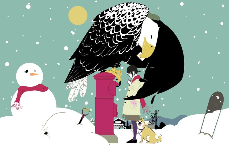 Girl with bird in snowy scene